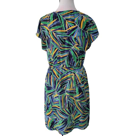 Halogen Size XS Tropical Jungle Cap Sleeve V-Neck Faux Wrap Blue Green Dress - Picture 3 of 9